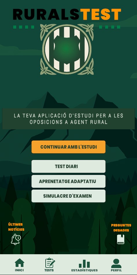 Pantalla d'inici de RuralsTest amb el menú principal