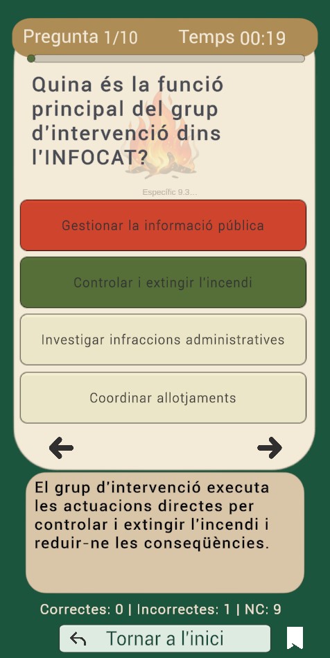 Pantalla de pregunta durant un test amb les opcions de resposta