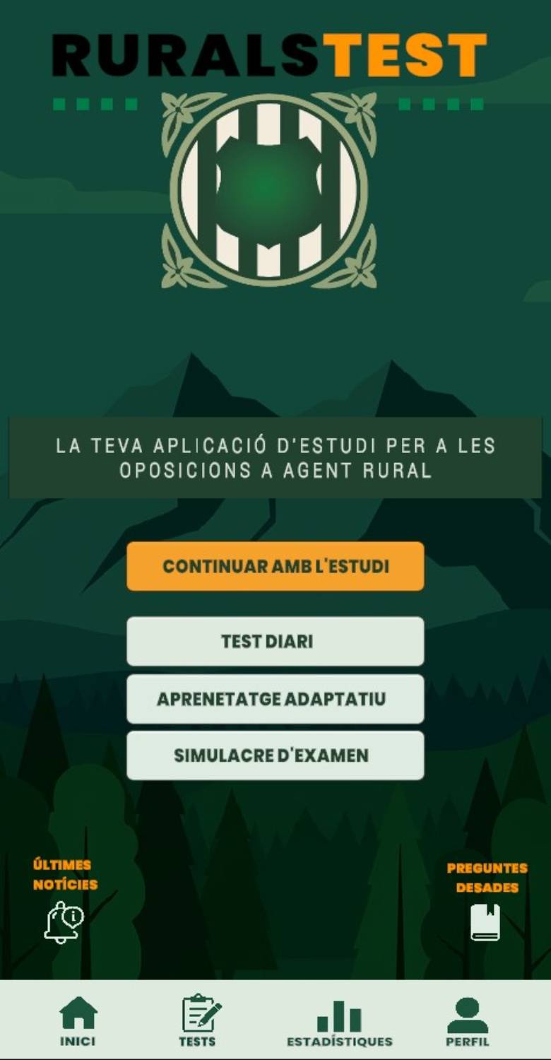 Pantalla d'inici de l'aplicació RuralsTest, amb el menú de Continuar amb l'estudi, Test diari, Aprenentatge adaptatiu, Simulacre d'examen i Opcions